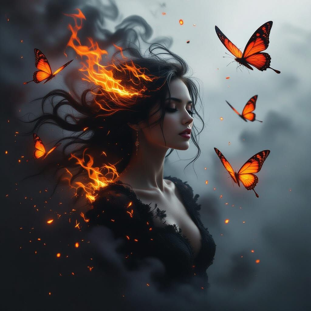 Dramatic Portrait of Woman with Fire Phoenix Butterflies