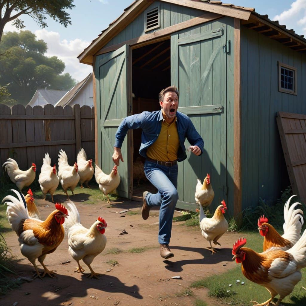 Man Flees Giant Angry Chickens From Whimsical Shed