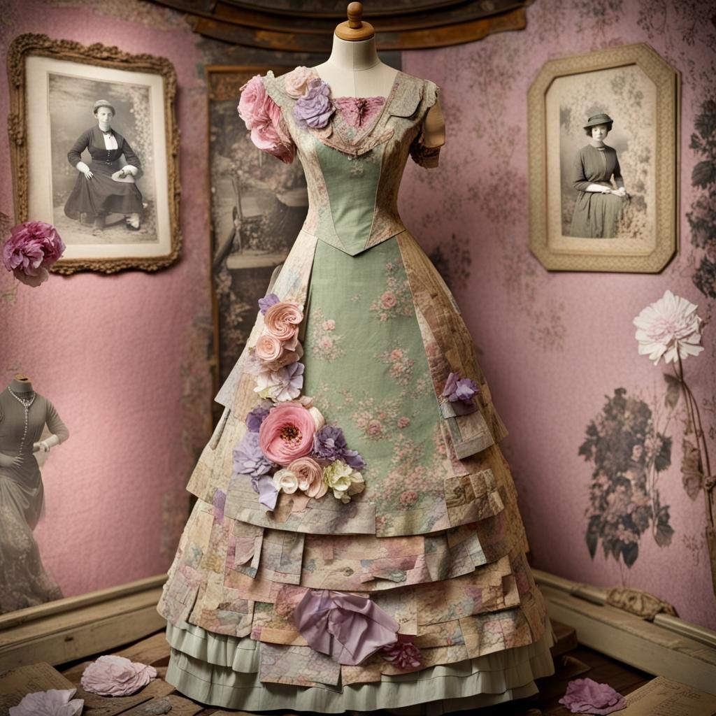 Detailed Paper  Collage : 1900's Long Layered Dress : Floral...