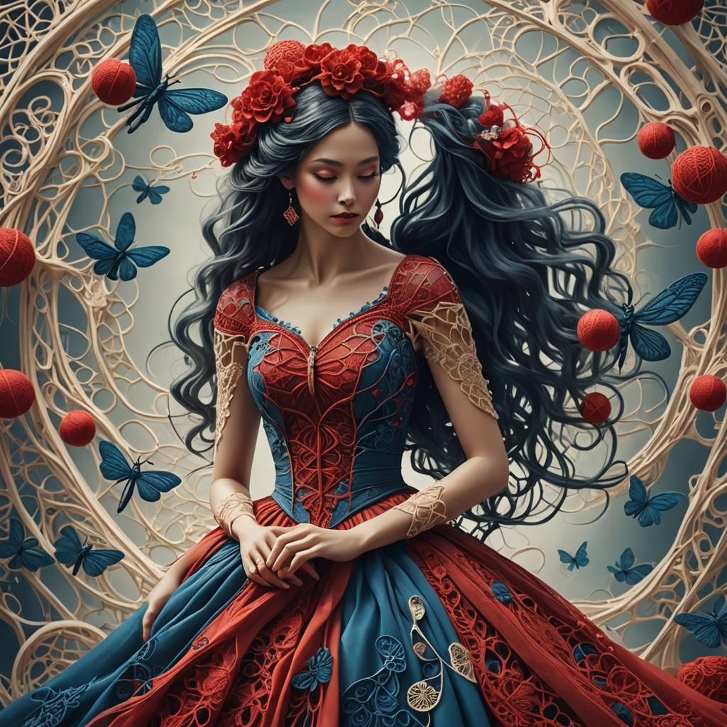 Crochet Yarn Art: Woman in Red Gown with Dragonfly