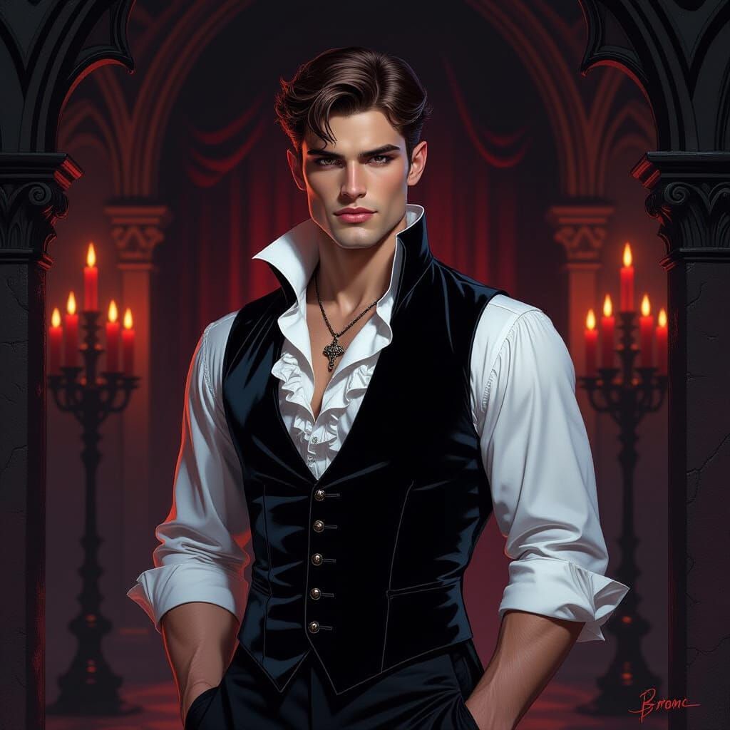 Muscular Vampire in Gothic Chamber Dark Fantasy Art