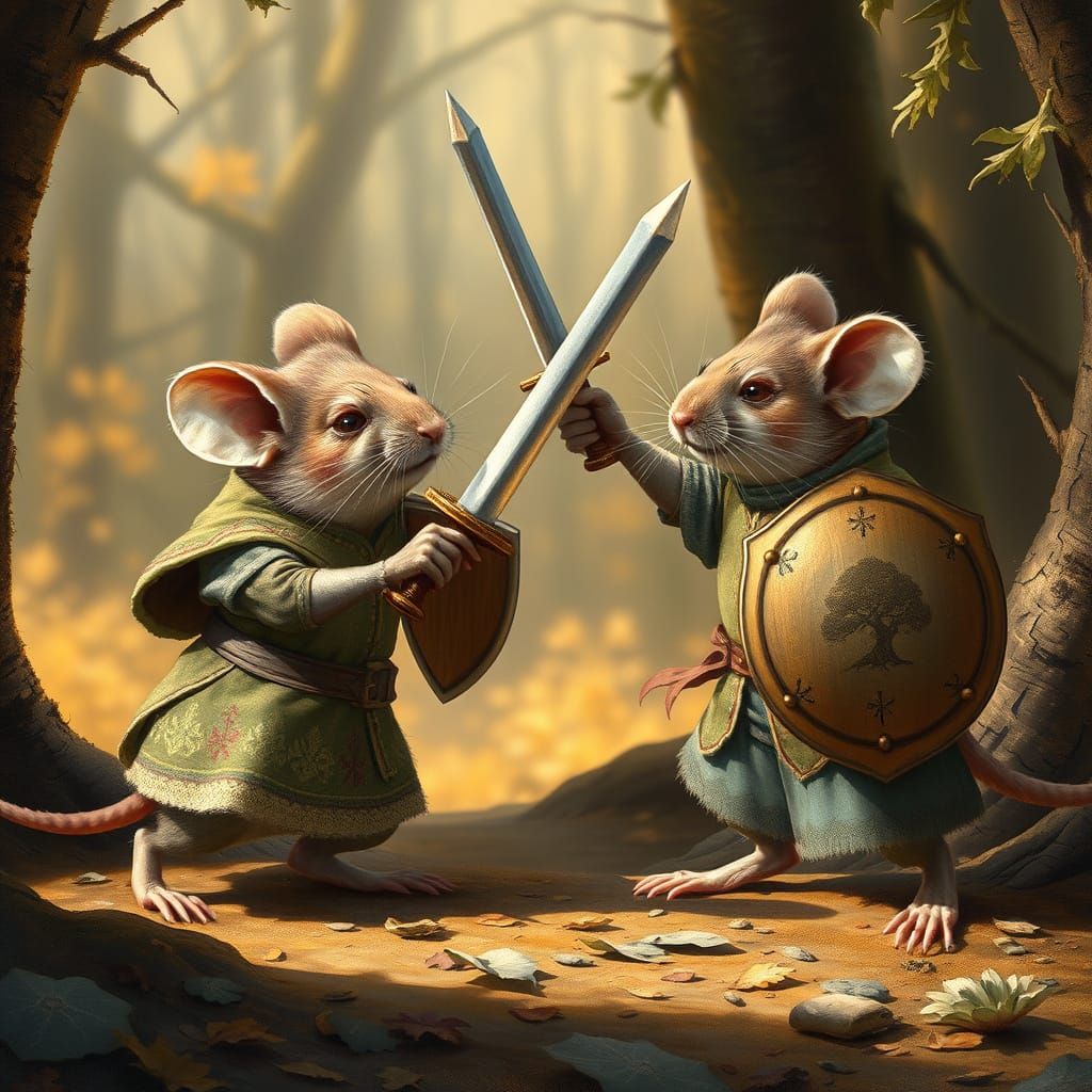 Medieval Mice Engage in Whimsical Sword and Shield Duel