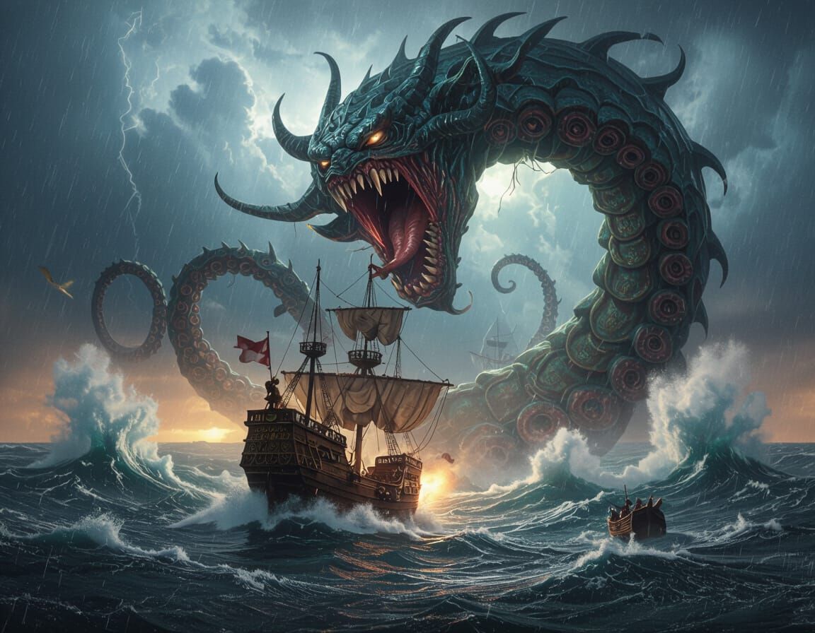 Charybdis Attacks Galleon: Epic Sea Vortex Scene