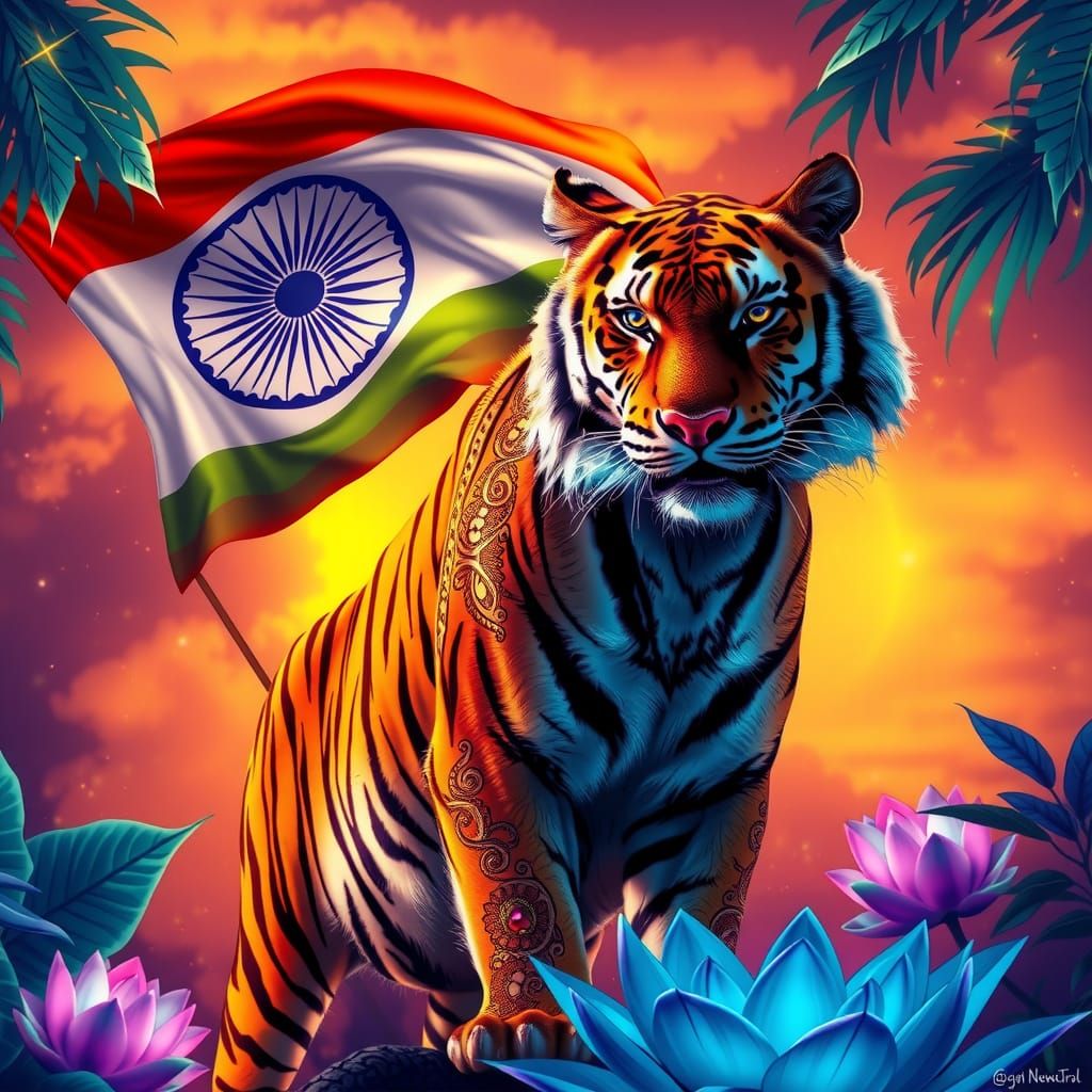 Majestic Bengal Tiger with Indian Flag in Synthwave Style