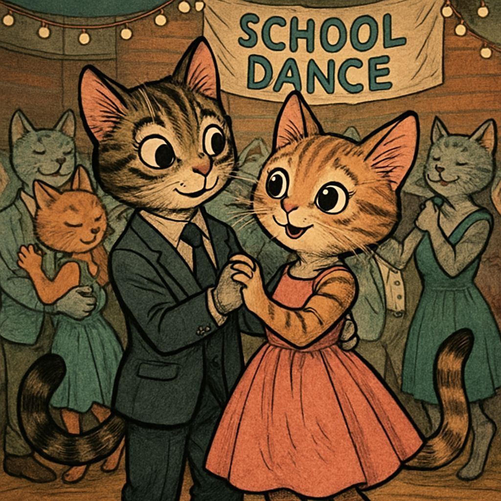 Cat High School Dance in Comic Book Art Style