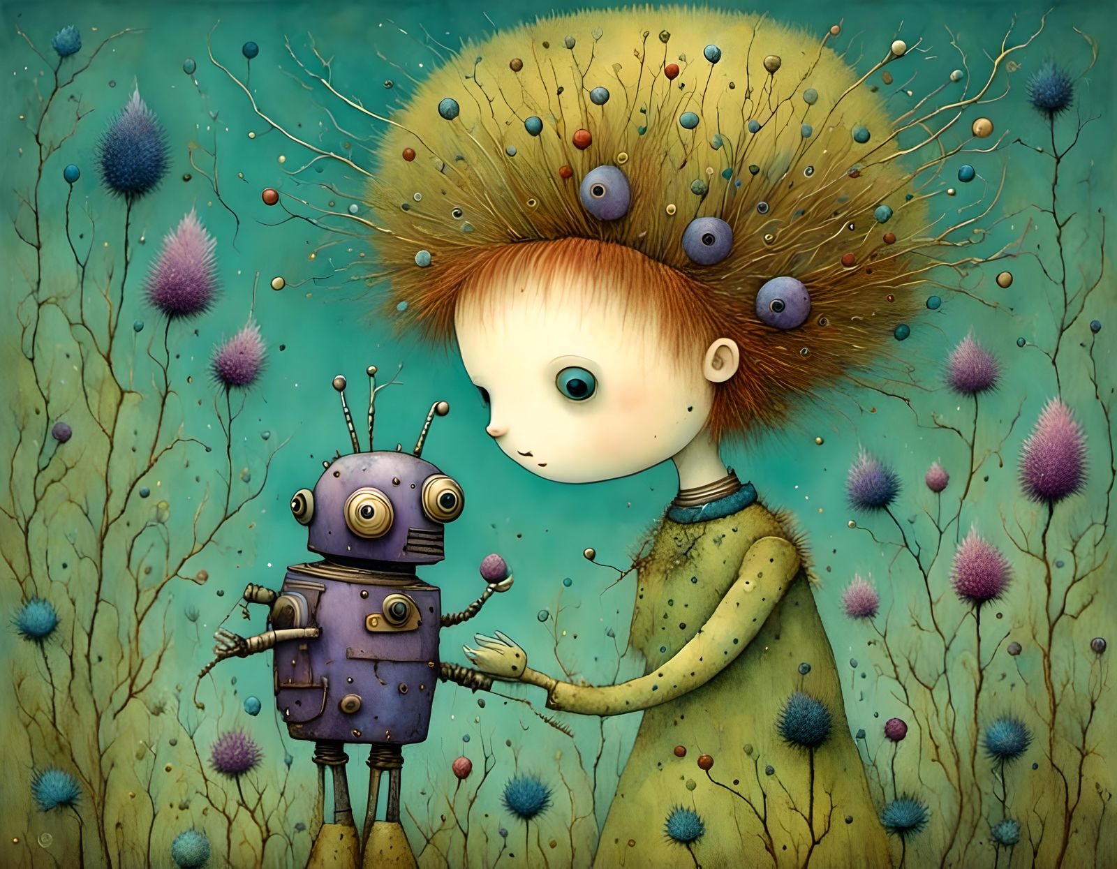 Cute Robot in Kilt with Scottish Thistles