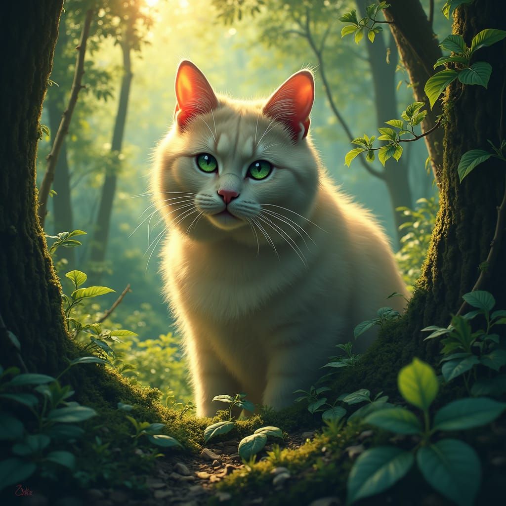 Majestic Cat in Forest, Digital Matte Painting Style