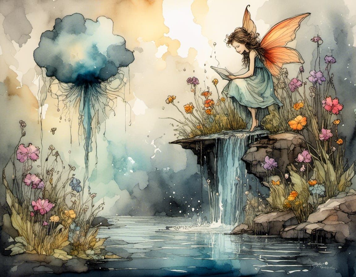 Fantasy Fairy in Magical Watercolor Landscape