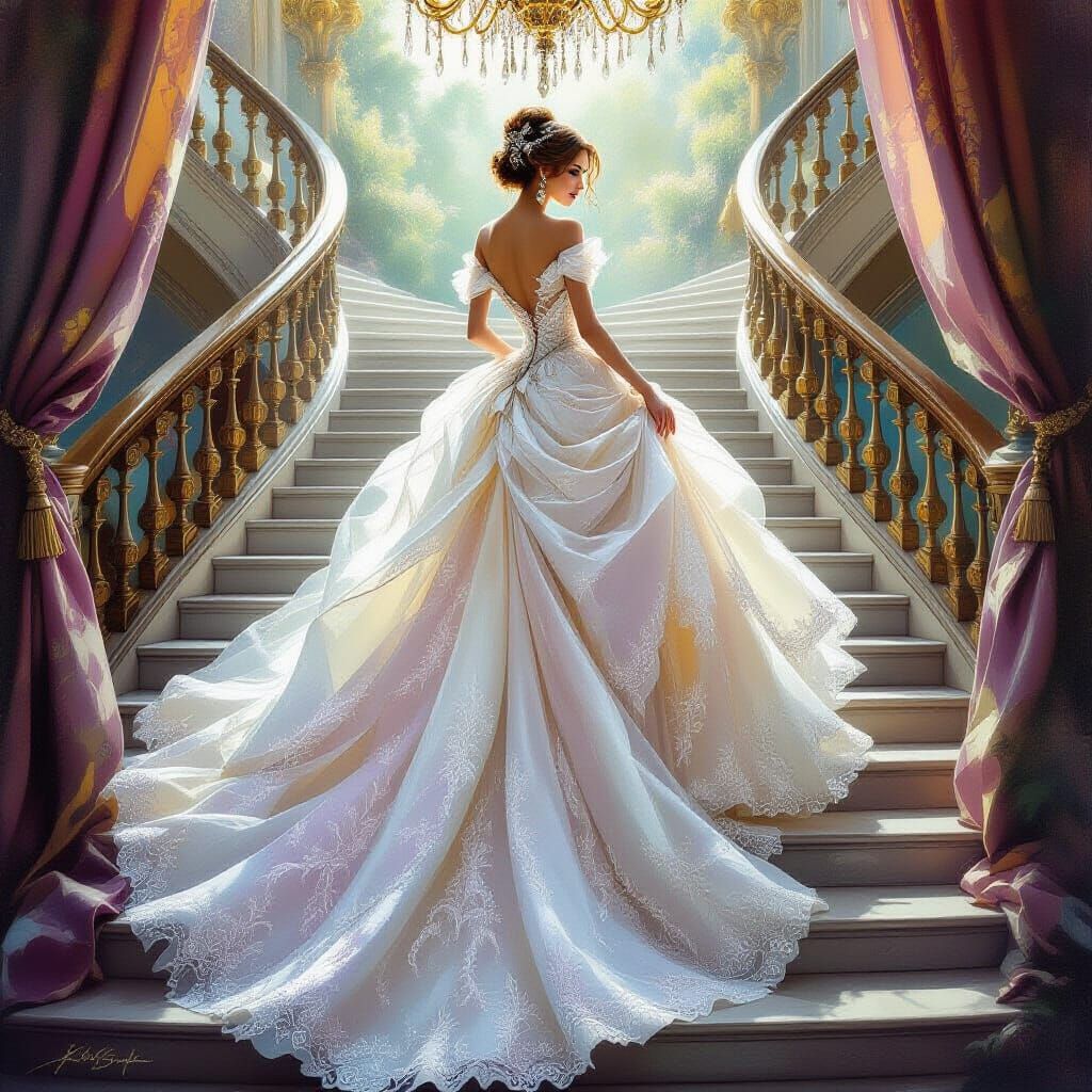 Woman in Shimmering Light Ballgown, Fantasy Oil Painting