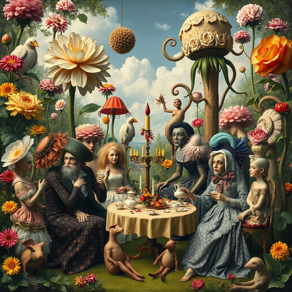 Surreal Garden Party with Towering Flowers