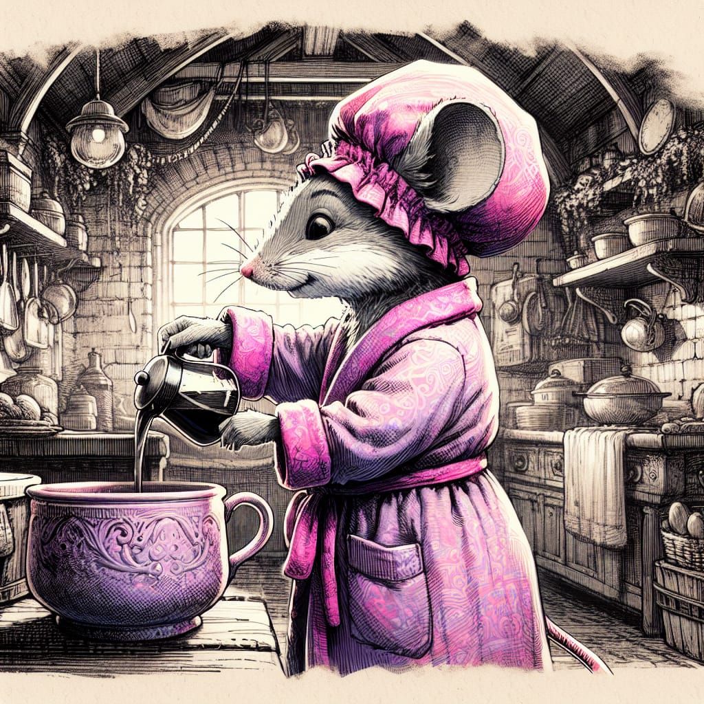 Mouse in Bathrobe: Whimsical Ink Sketch