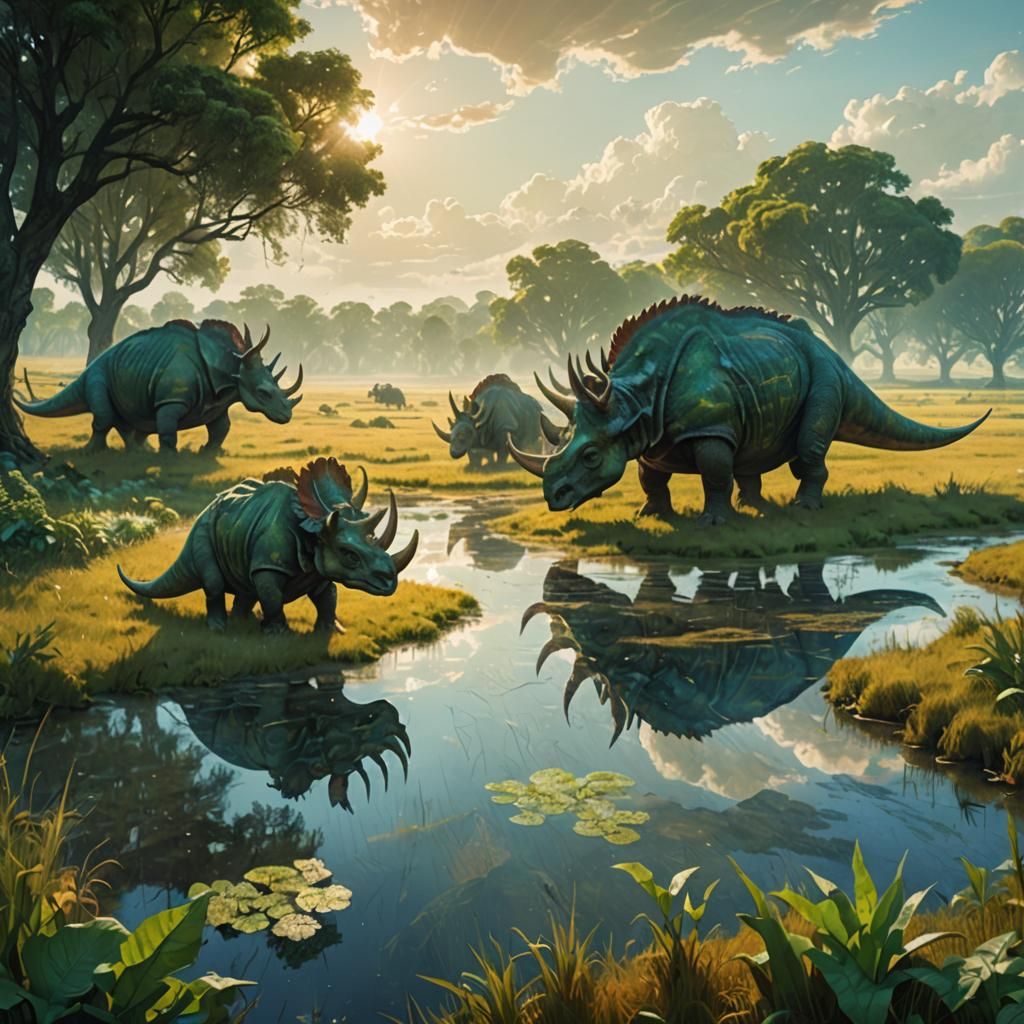 Triceratops Herd Grazing in Lush Field, Ethereal Art