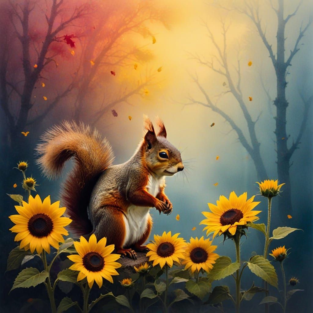 Squirrel Amidst Vibrant Sunflowers in Dreamy Watercolor