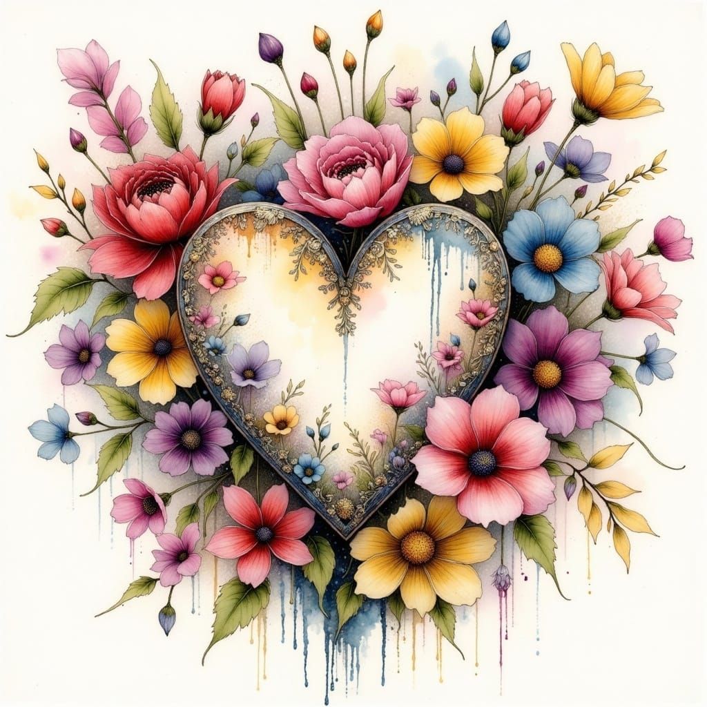 Whimsical Floral Heart in Muted Watercolor Style