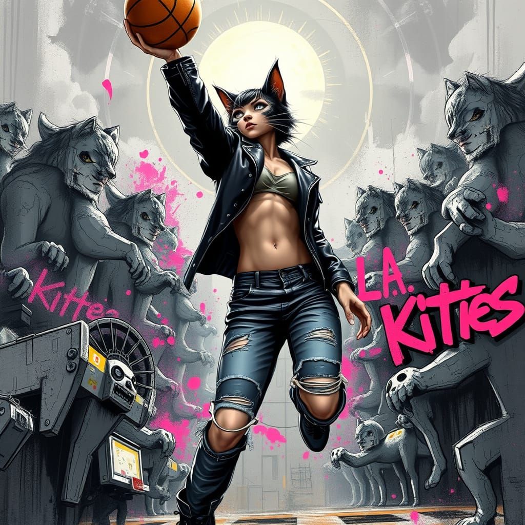 Catwoman Dunks Sun in Retro-Futuristic Graffiti Scene