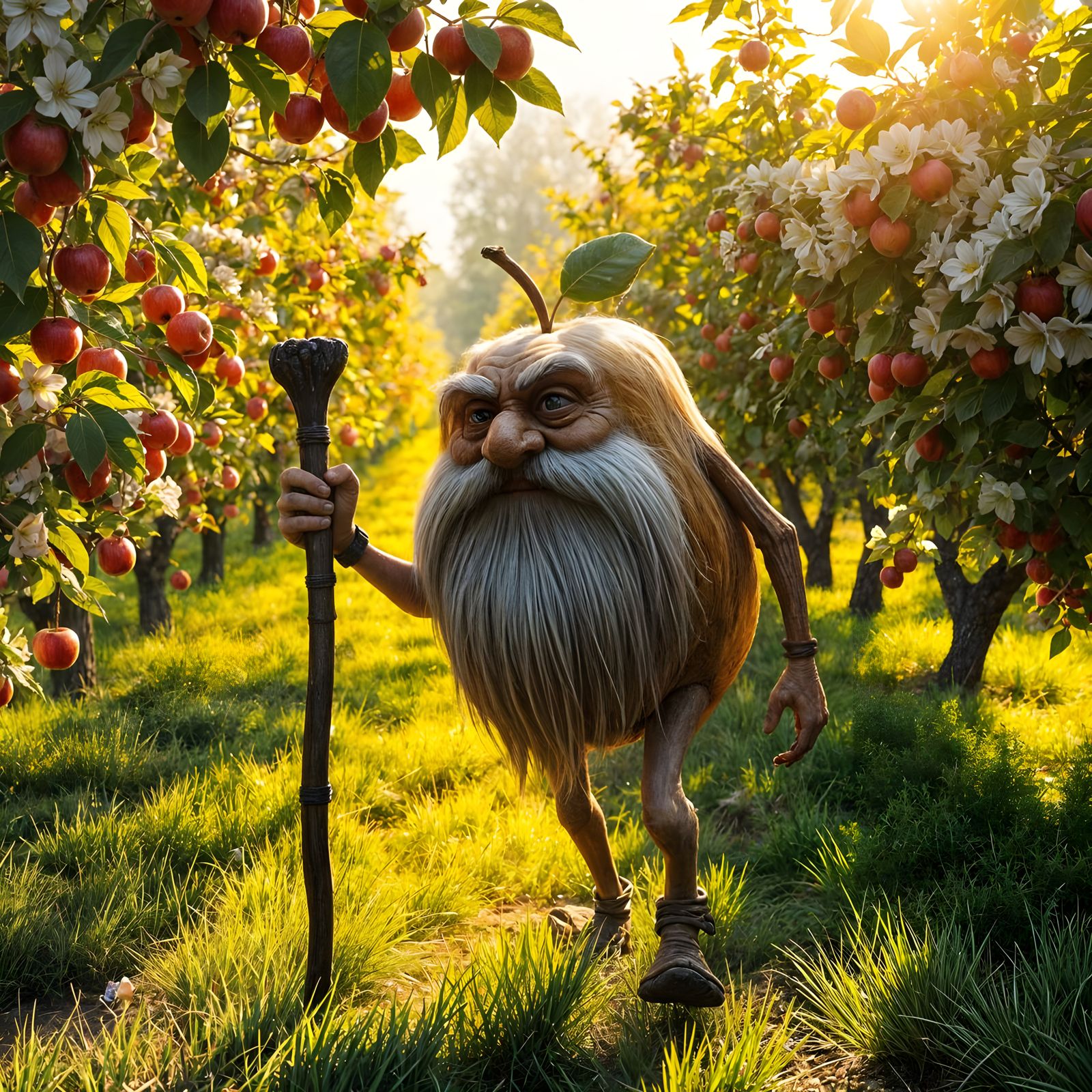 Elderly Apple Gentleman Strolls Through Vibrant Orchard