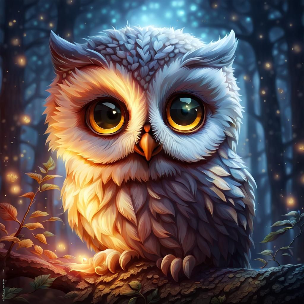 Glowing Mythical Owl Portrait in Dark Forest