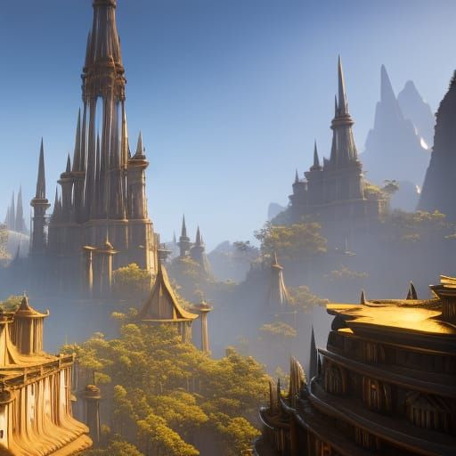 Golden City Floating in Sky: Fantasy Concept Art