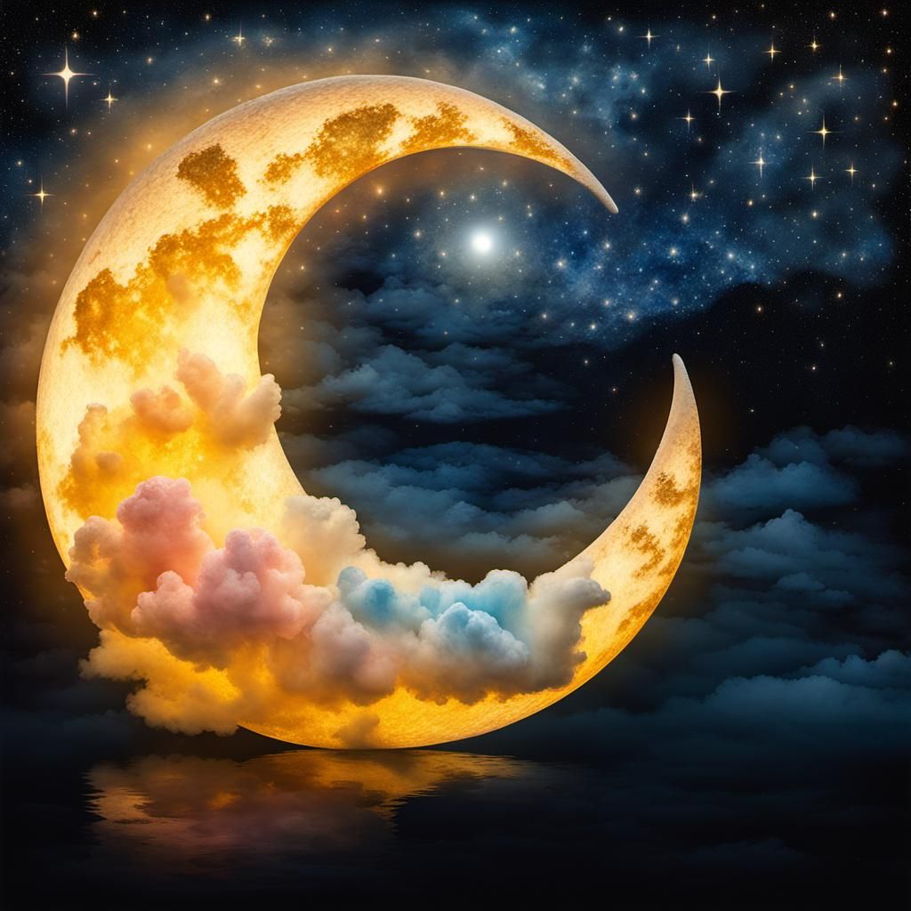 Dreamy Crescent Moon Emerges from Cloud Lake