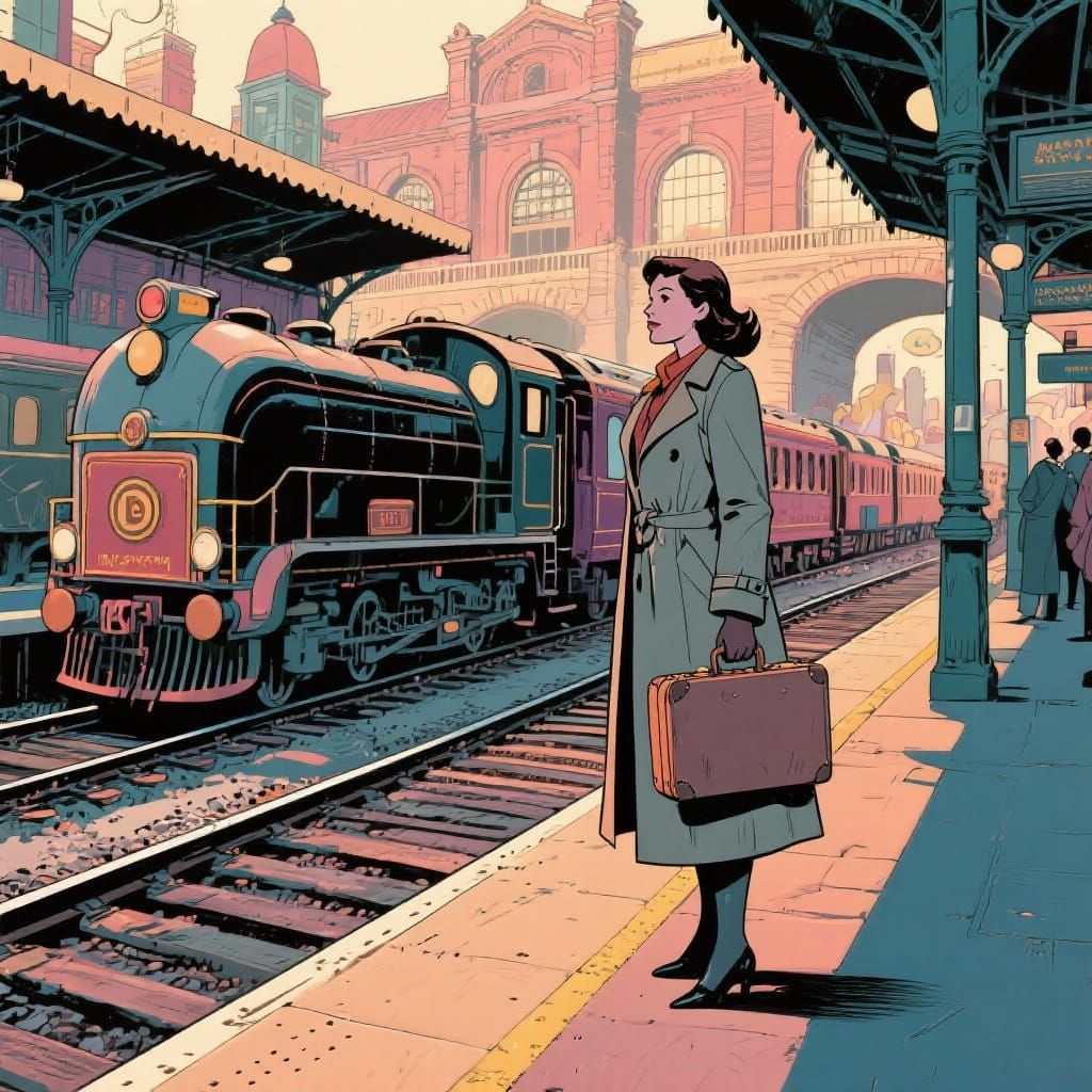 Comic Art Style Woman at Bustling Railroad Station