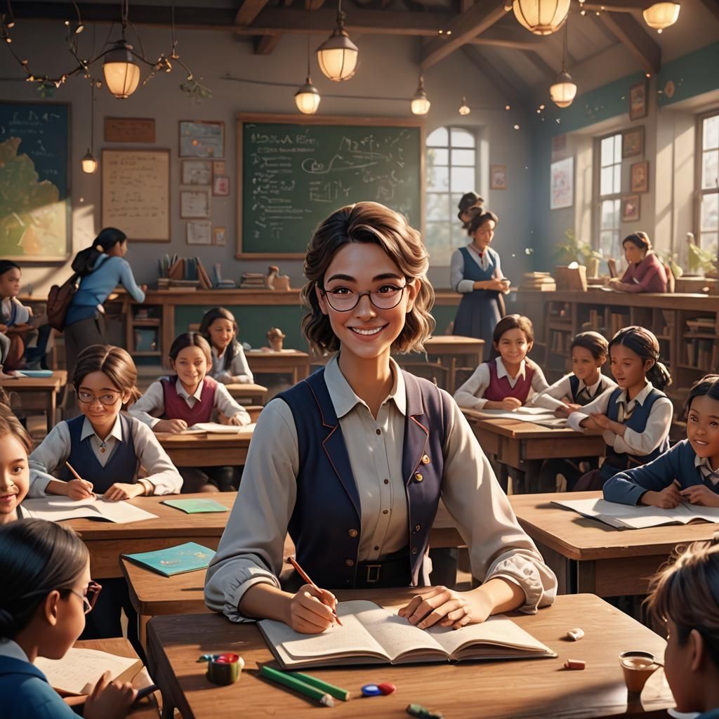 Happy Teacher with Students: Detailed Matte Painting