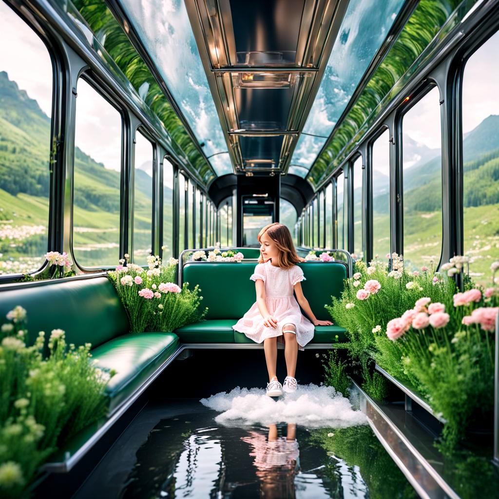 Girl in Glass Train Amidst Green Flowers