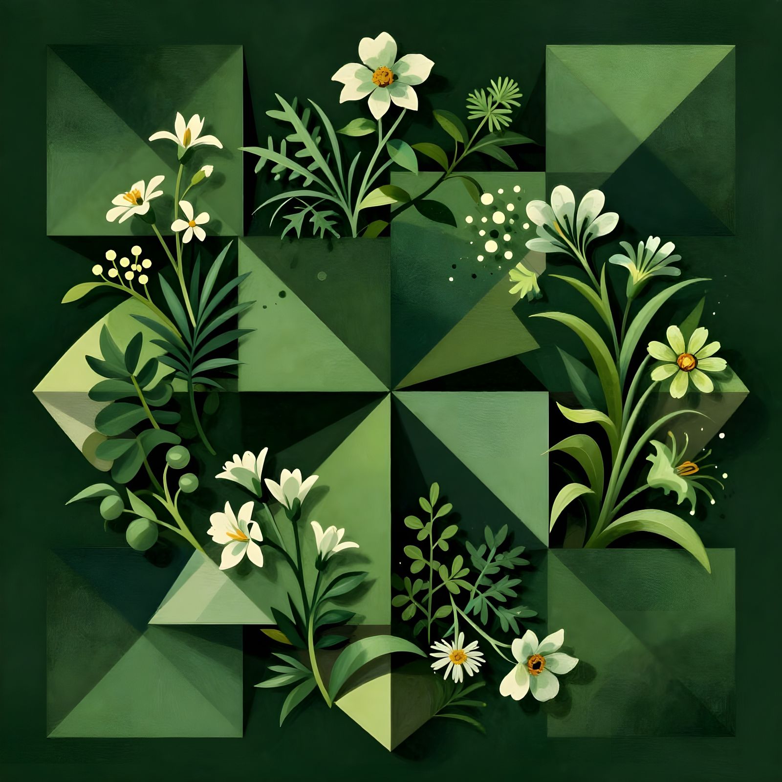 Neo-Cubist Artwork of Flowers and Geometric Shapes
