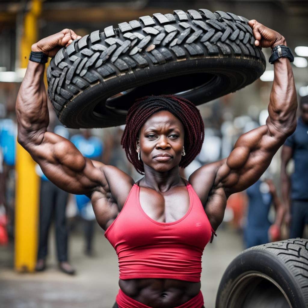 African Bodybuilder Balances Truck Tires