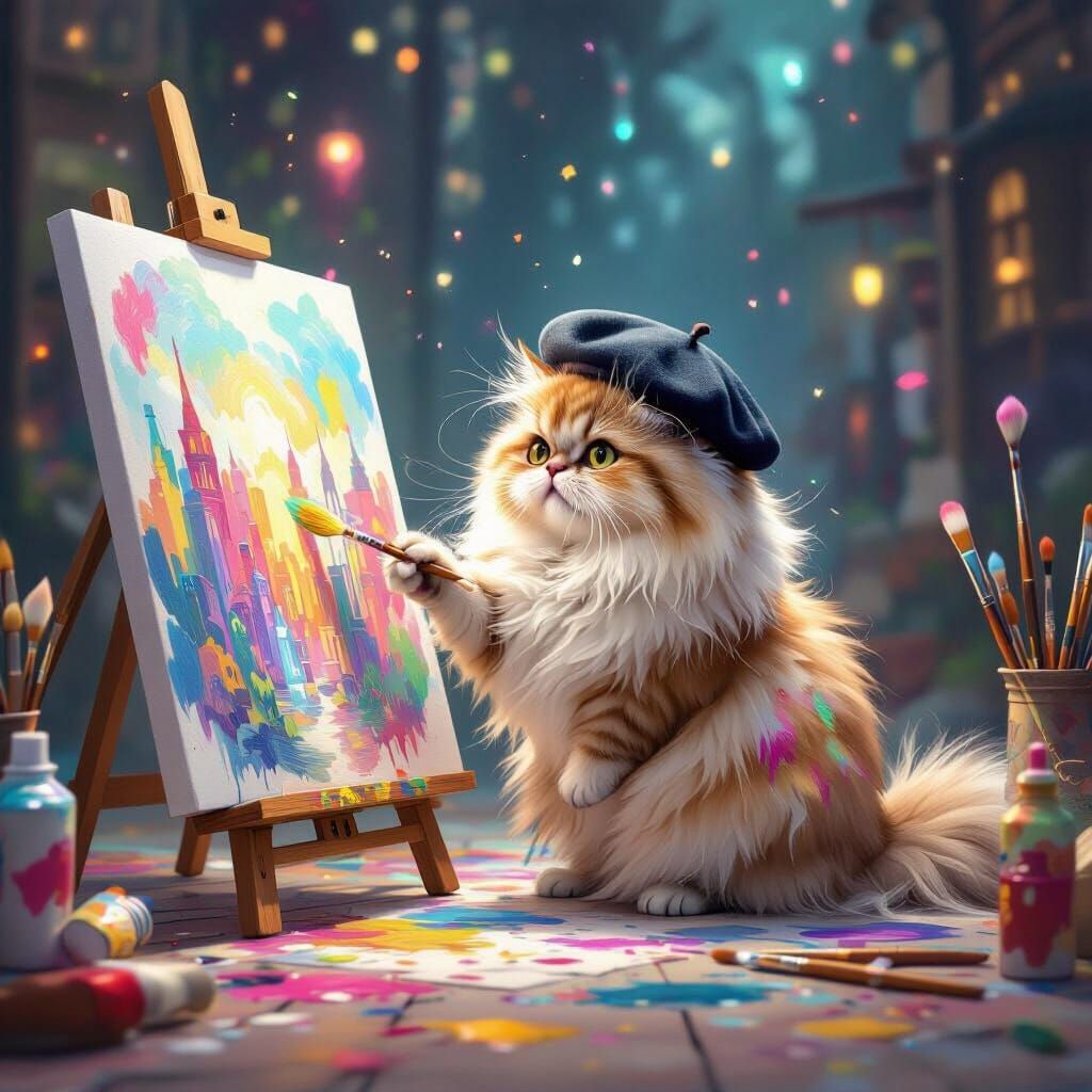 Fluffy Persian Cat Paints Abstract Cityscape in Storybook St...