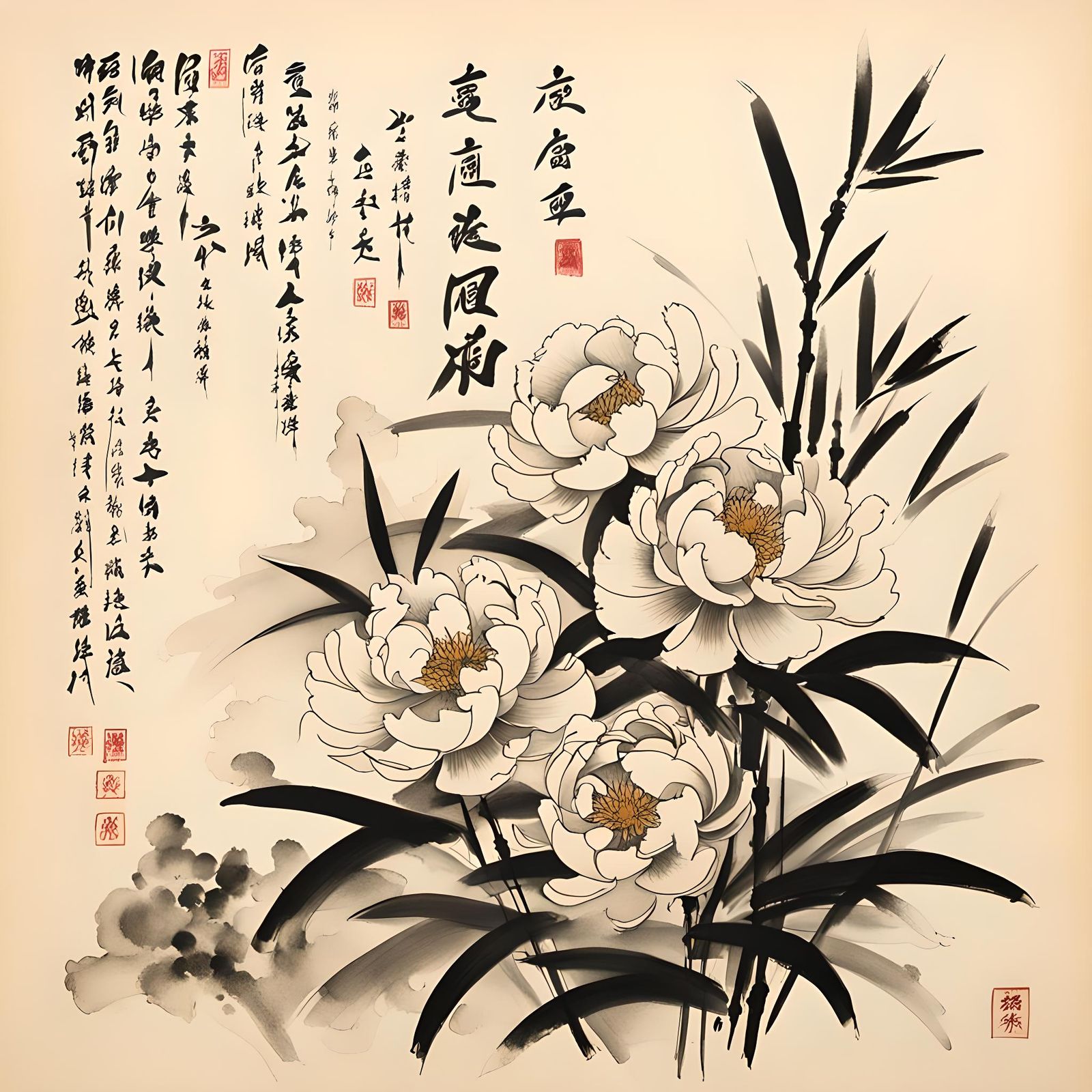 Bold Chinese Calligraphy with Ink Flower Drawing
