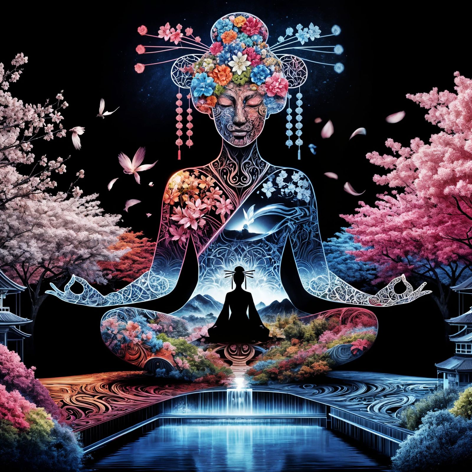 Realistic Double Exposure of Meditating Geisha in Vibrant Sa...