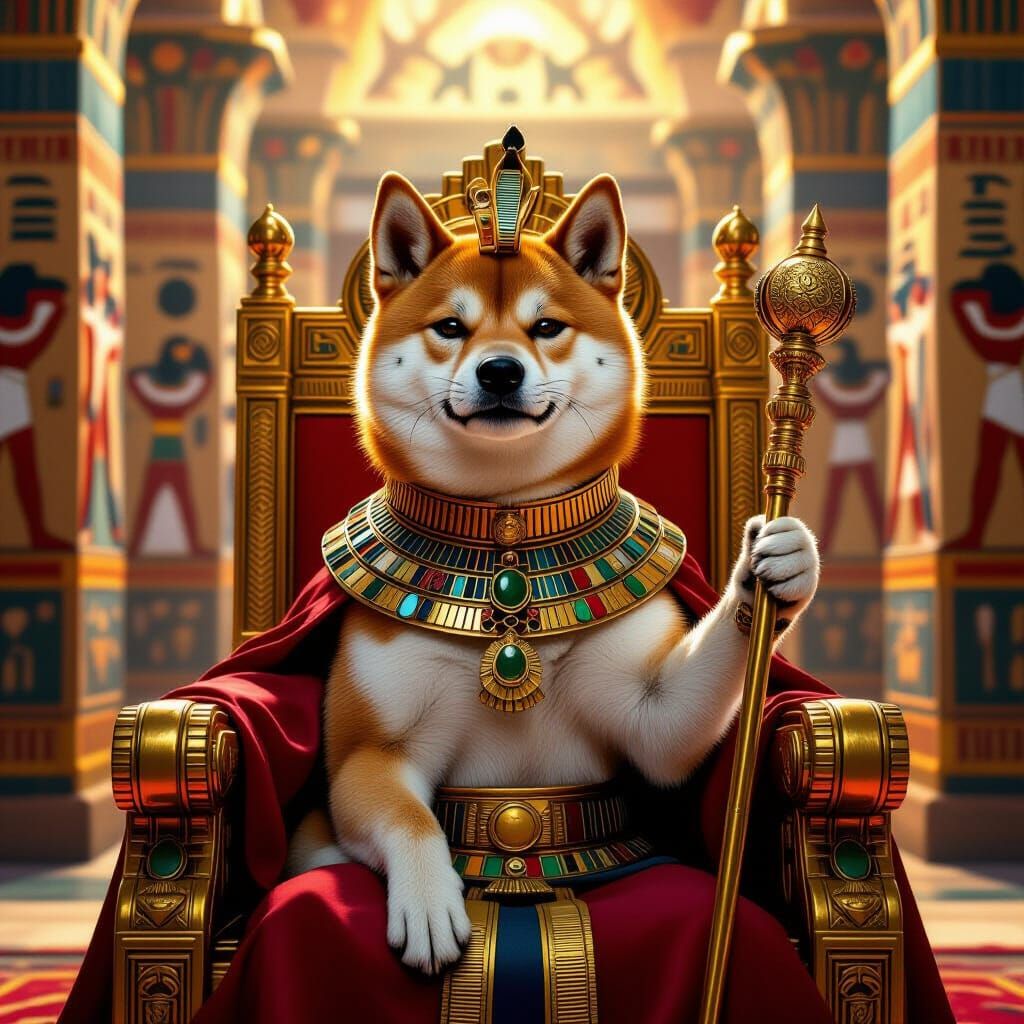 Regal Shiba Inu Pharaoh on Golden Throne