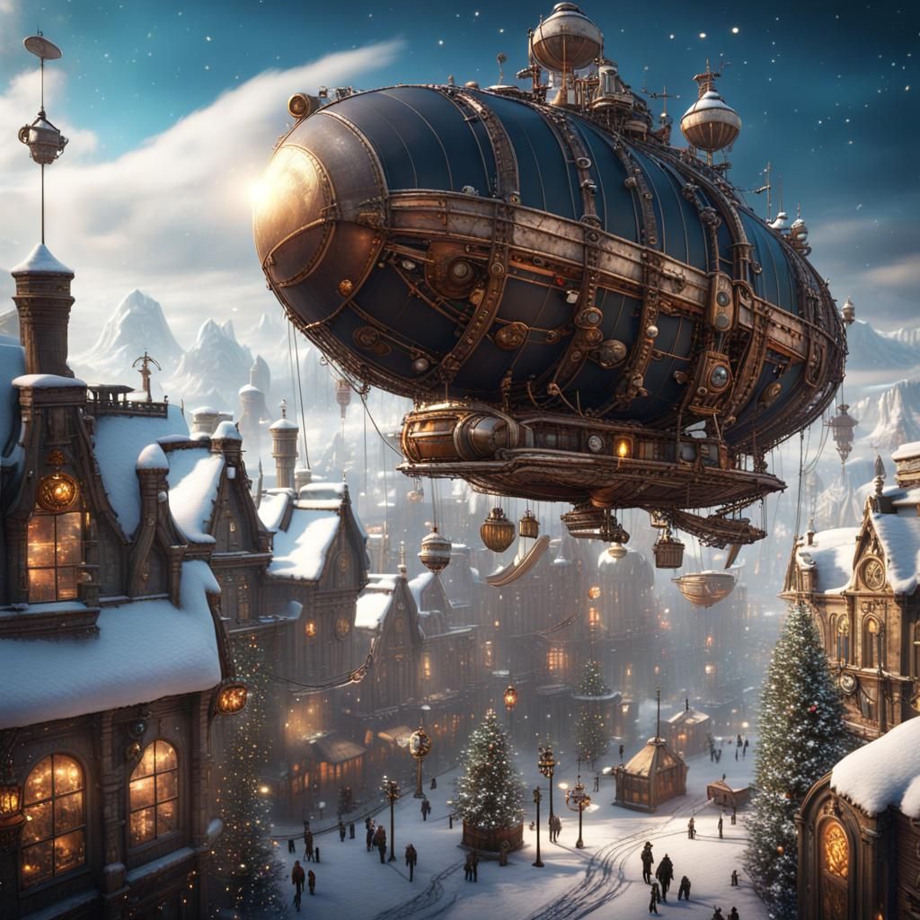 Steampunk City Christmas Scene with Airship