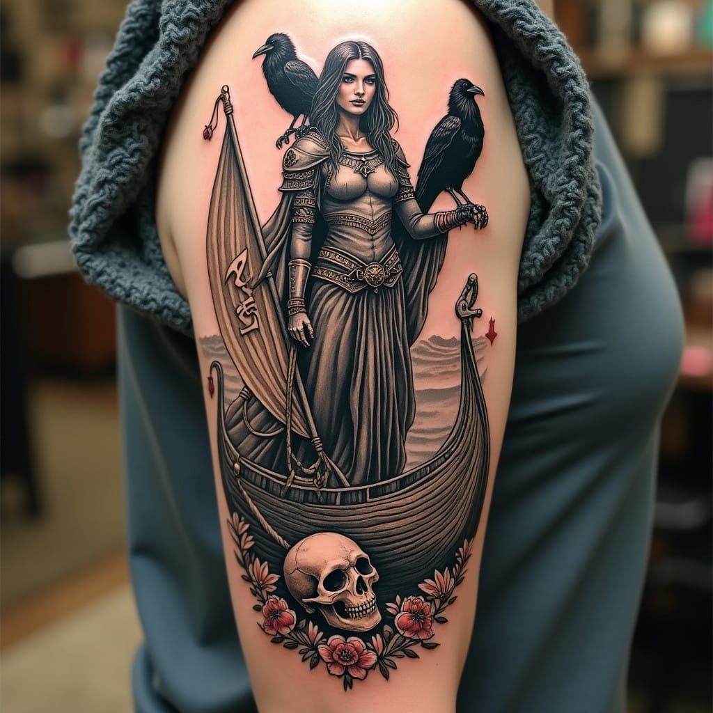 Majestic Valkyrie Long Ship Tattoo with Ravens and Sugar Sku...