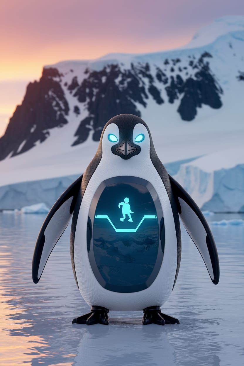 Cyberpunk Penguin Robot in Frozen Landscape