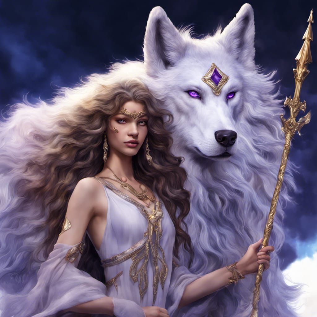 Wolf Goddess with Crystal Staff: Hyperrealistic Digital Art