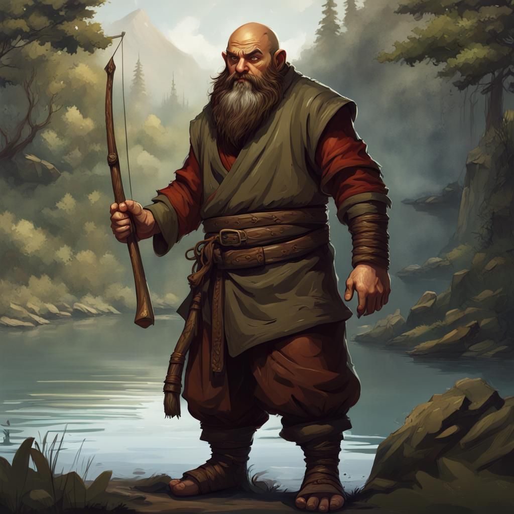 Dwarf Monk Fisherman in Forest, Fantasy Concept Art