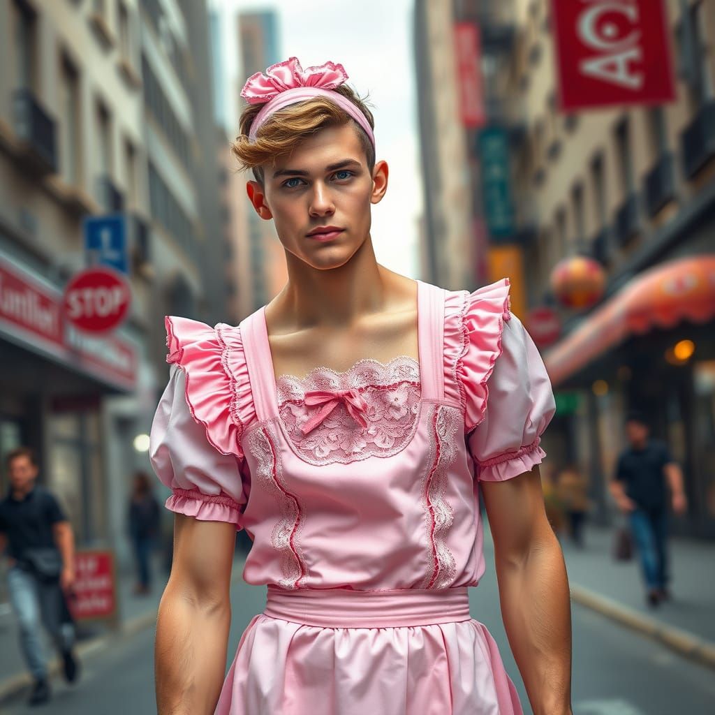 Man in Pink Maid Outfit Strutting Down City Street
