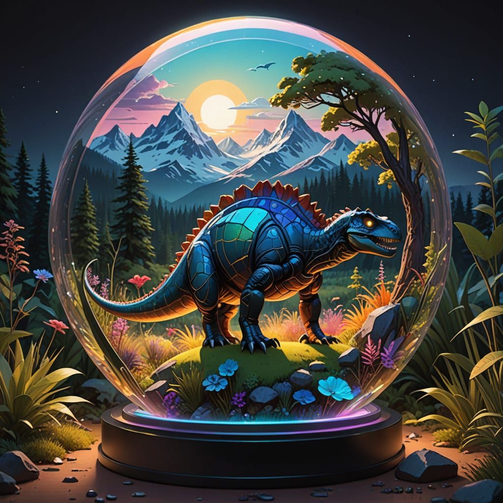 Futuristic Dinosaur Reigns in Vibrant, Crystal-Encrusted Sno...