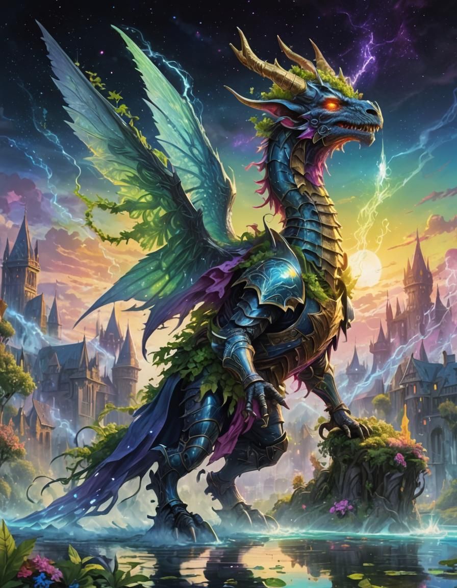 Epic Medieval Fantasy Knight in Cosmic City of Ancient Runes