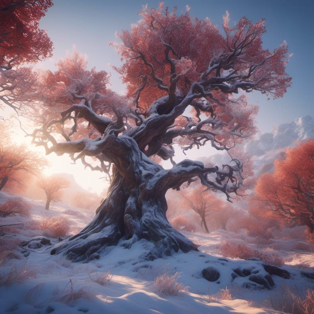 Snowy Landscape with Crimson Tree in 3D