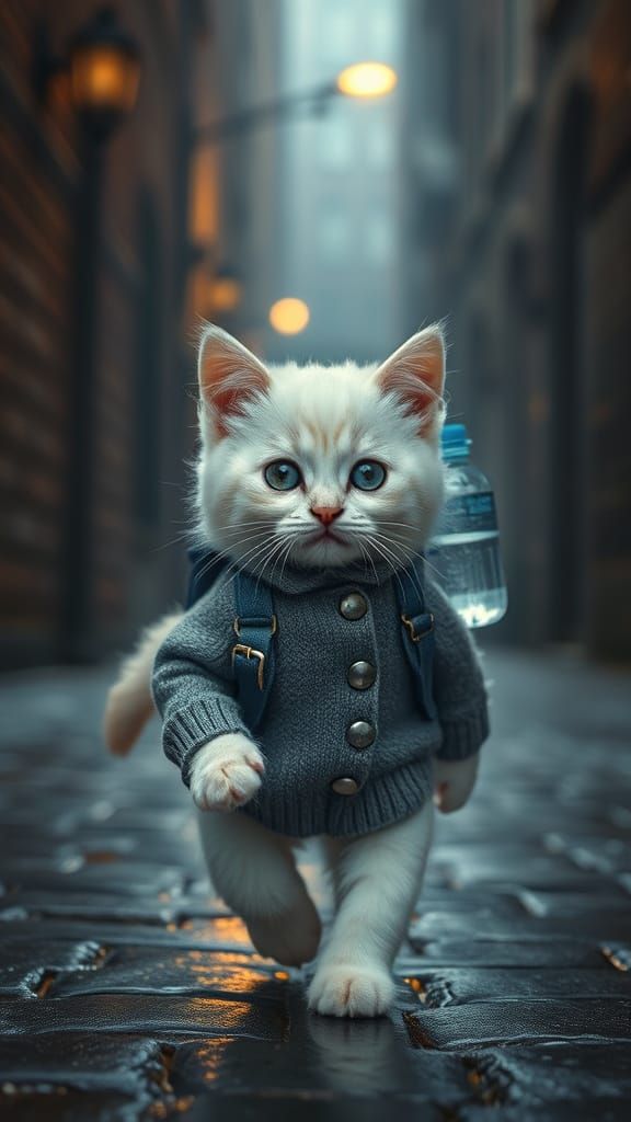 Cyberpunk Whiskers: A Stylish Kitten Navigates the City Stre...