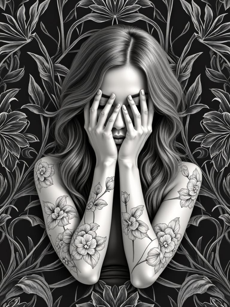 Hyperrealistic Portrait of a Woman Hiding Behind a Floral Ve...