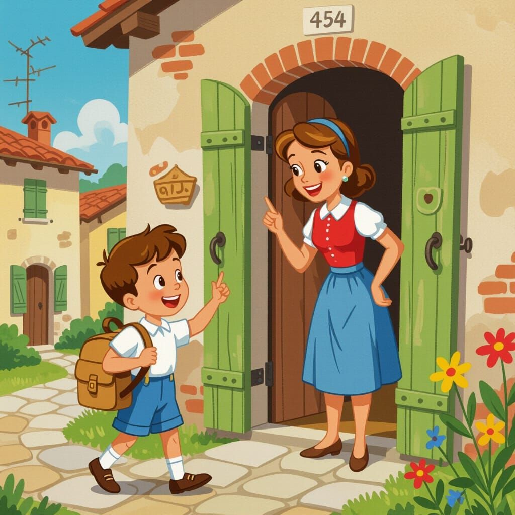 Italian Village Scene: Boy Waves Goodbye to Mom