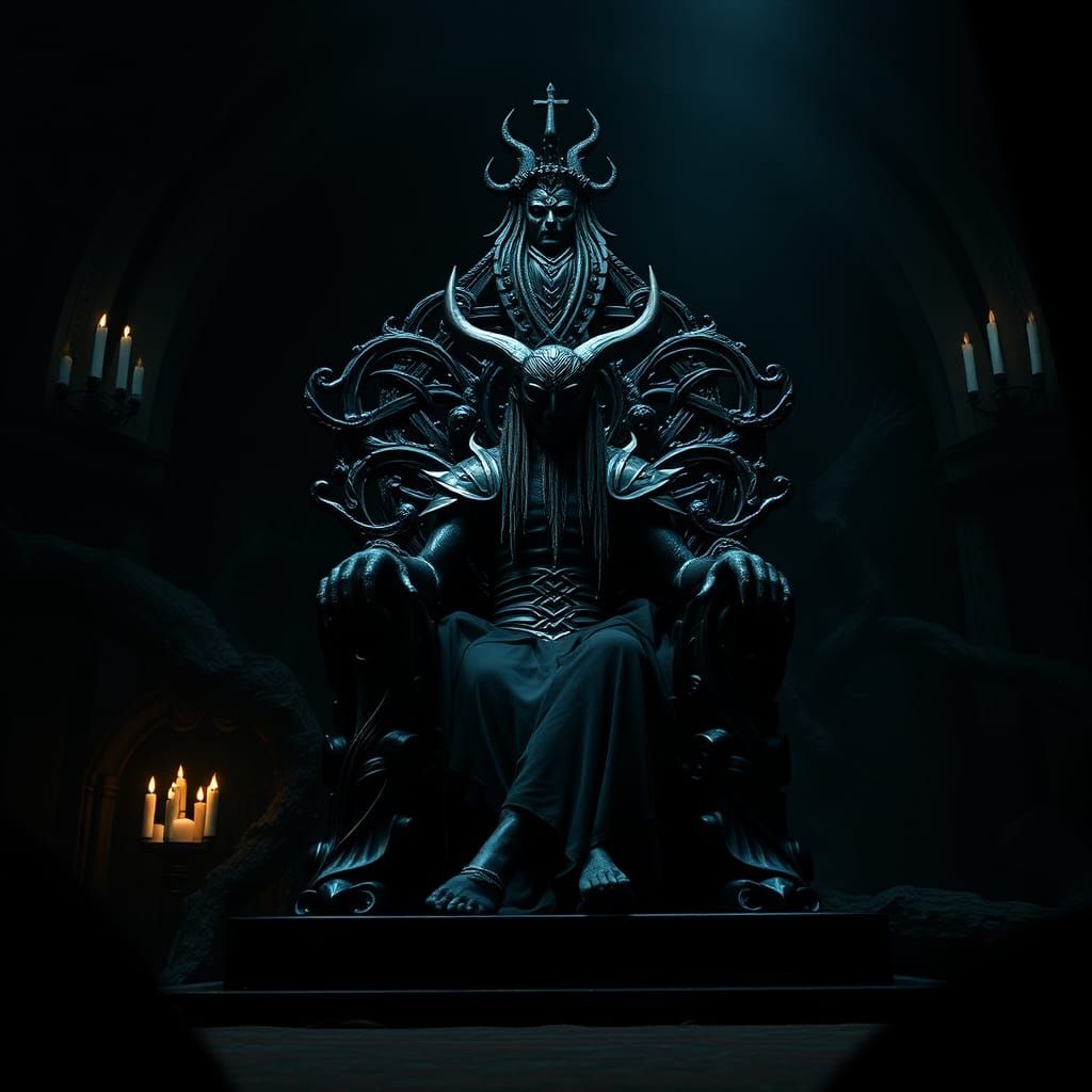 "Donn" Celtic god of the dead in his lair, sitting on a dark throne, Cinematic film still, shot on v-raptor XL, film gra...