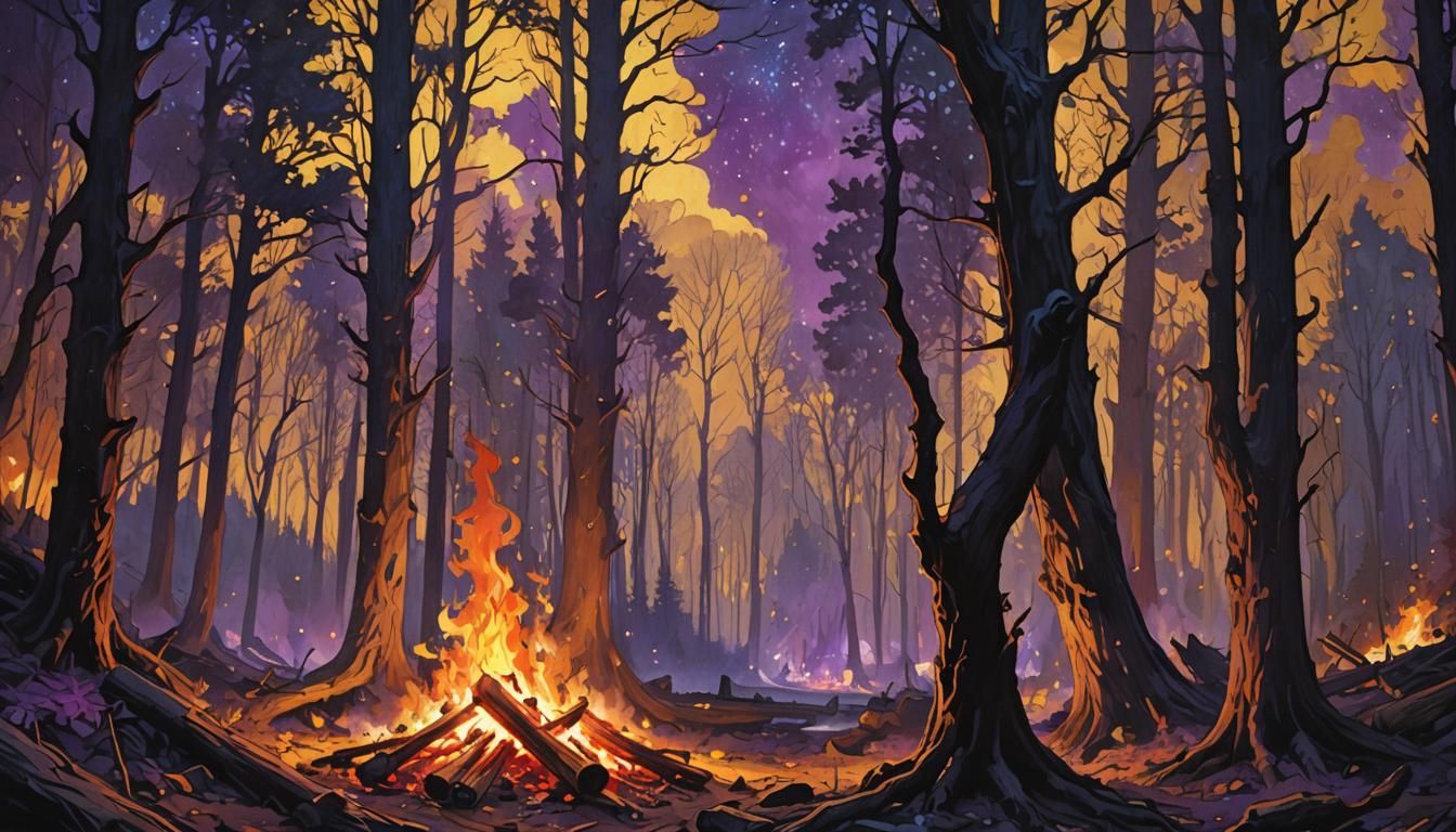 Dynamic Camp Fire Scene under Starry Night Sky in Dark Fanta...