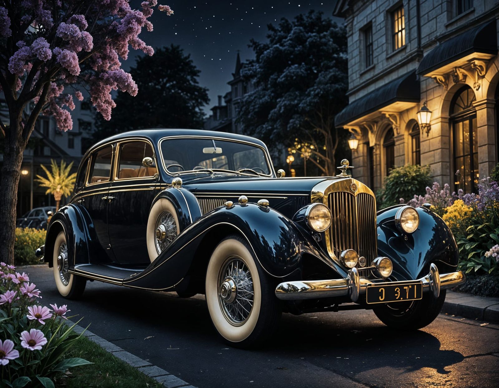 Golden 1930s Delahaye Grand Coupe in Night Garden Setting