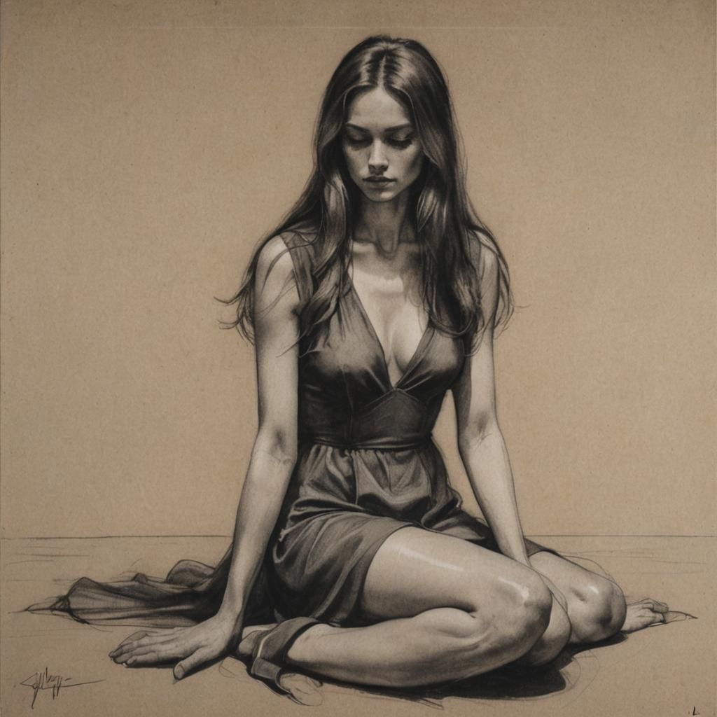 Elegant Woman in Charcoal Drawing Against the Light