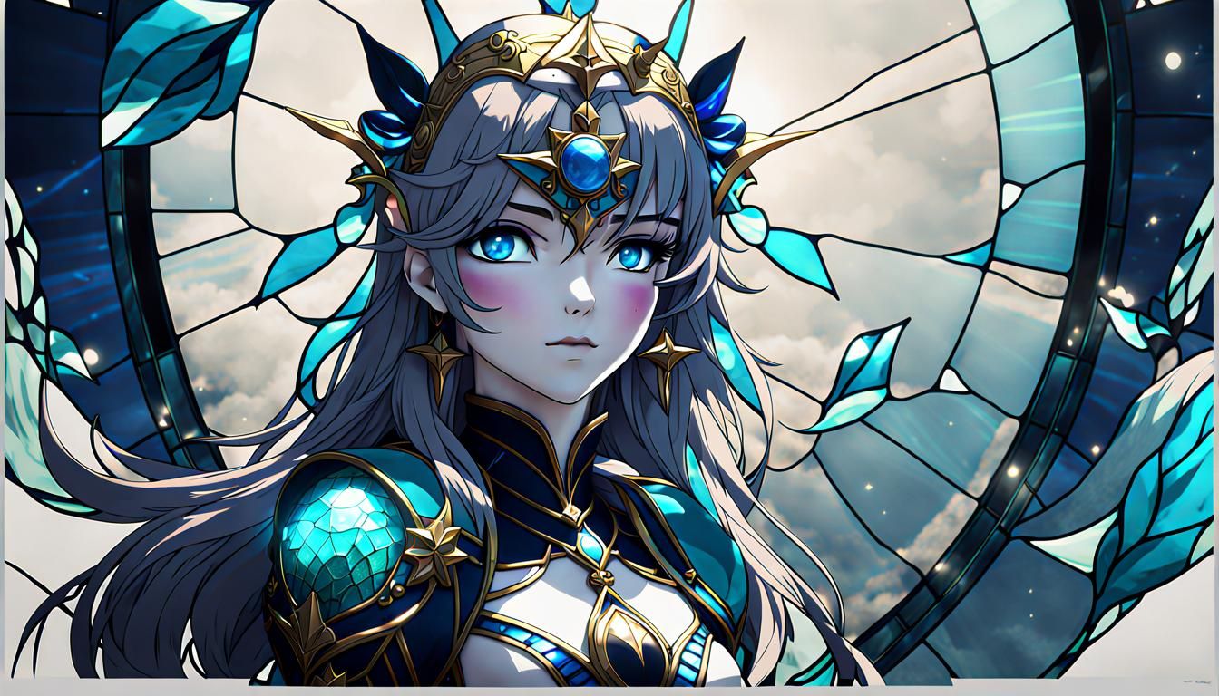Gothic Stained Glass Neptune Goddess in 3D Anime Art