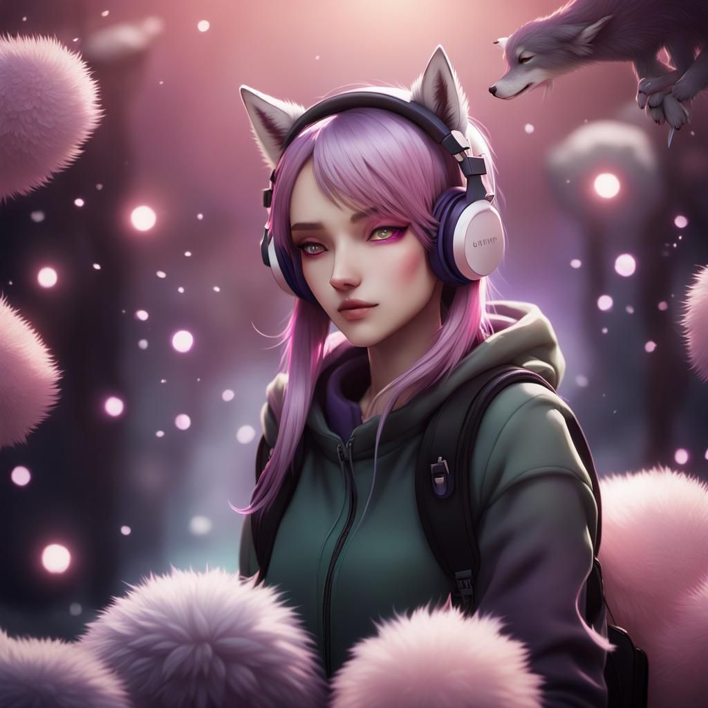 Anime Girl with Puppy in Pastel Fantasy Scene